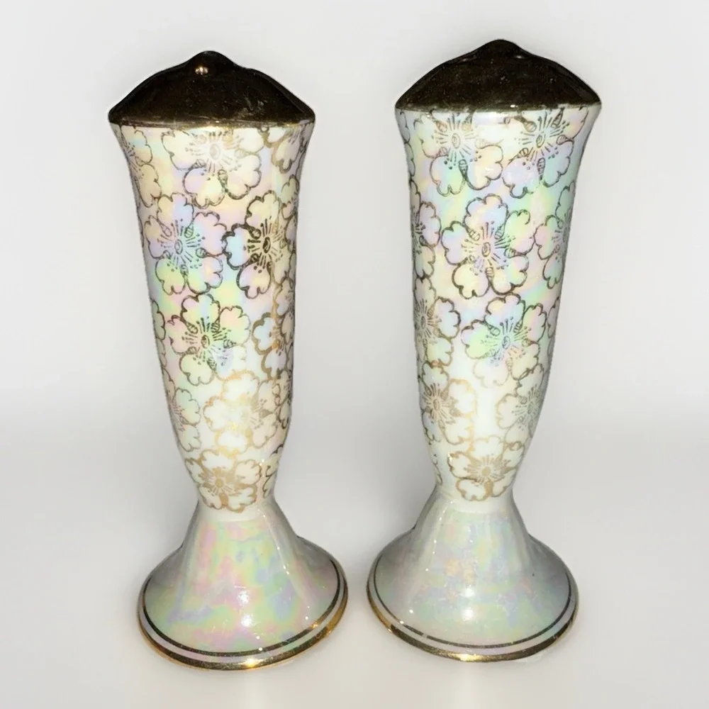 Vintage Lusterware Salt and Pepper Shakers Iridescent Gold Floral Trumpet Set